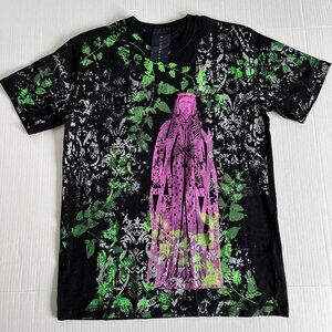 Alquimie Mens Sz M Black Organic Cotton Neon Graphic Print Tee Shirt Pullover